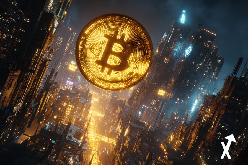 bitcoin coin doré dans les rues d'une ville moderne ambiance noire et gold