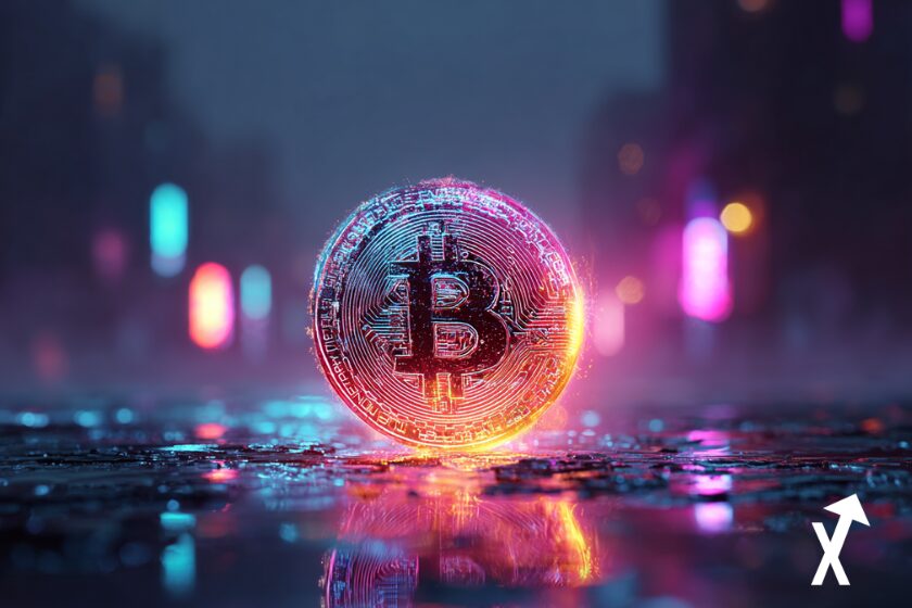 bitcoin lumineux dans une rue colorée, crypto btc