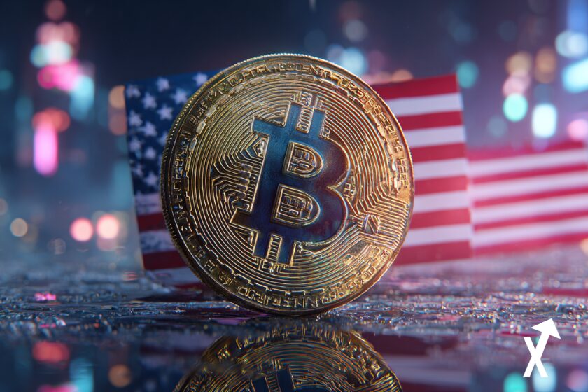 bitcoin coin sur fond de drapeaux americains fond lumineux crypto