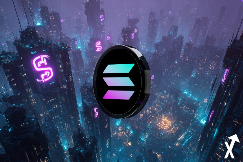 solana logo noir et violet sur fond ville futuriste en violet et bleu lumineux