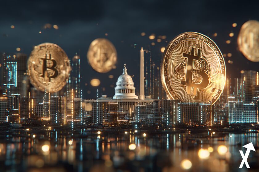 "Illustration futuriste de la ville de Washington D.C. avec le Capitole et le Washington Monument en arrière-plan, survolée par d’énormes pièces de Bitcoin flottantes, ambiance nocturne et lumineuse, style numérique et cinématique."