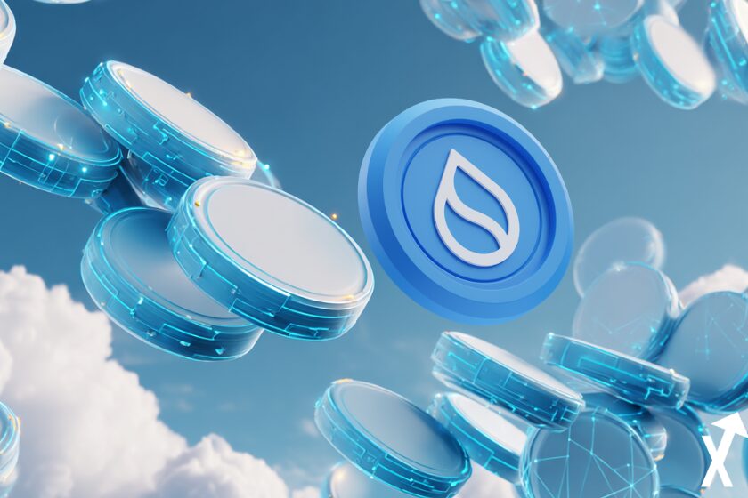 sui crypto coin bleu sur fond de jetons bleus qui tombent du ciel, nuageux