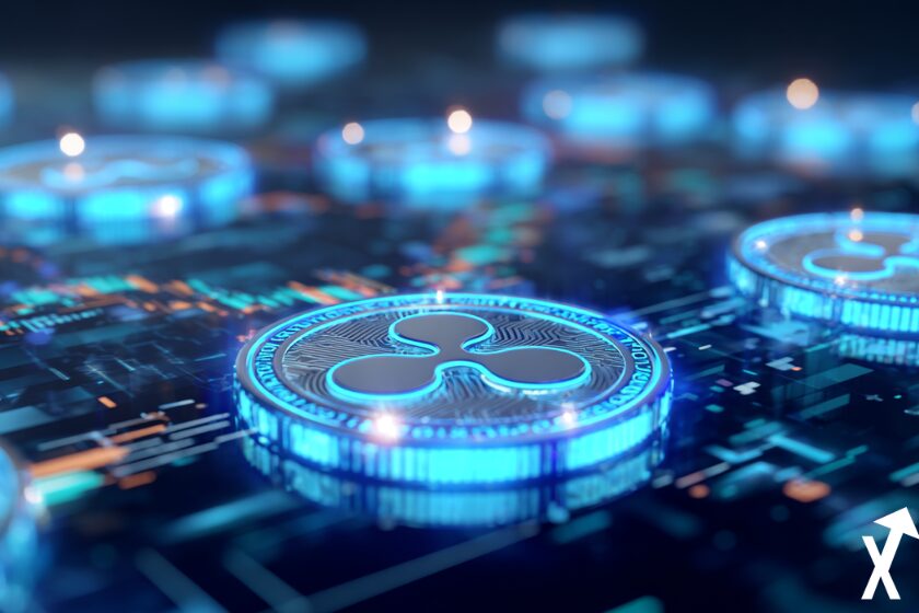 Illustration numérique futuriste du réseau Ripple (XRP), avec des pièces XRP lumineuses reliées par des nœuds blockchain néon, des graphiques financiers holographiques flottant autour, style cyberpunk, couleurs bleues et argentées vibrantes, éclairage cinématographique, détails précis, représentant une infrastructure crypto institutionnelle sécurisée et réglementée.