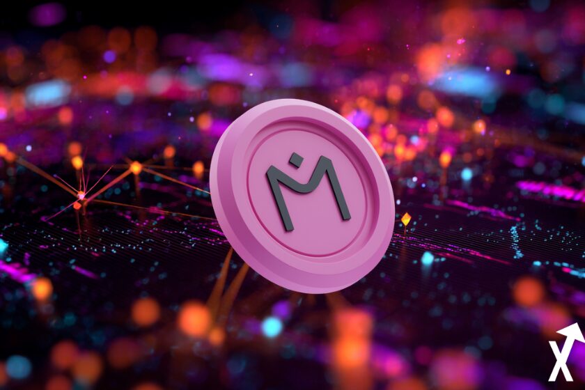 Illustration 3D d’un token MANTRA rose flottant au-dessus d’un réseau numérique futuriste, avec des lignes de connexion et des points lumineux représentant une blockchain active, ambiance cyberpunk et haute technologie, couleurs violettes, roses et oranges, symbole de la crypto et des transactions digitales.