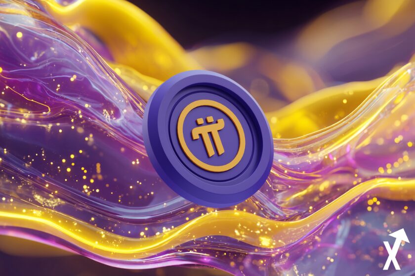 pi coin jaune et violet sur fond jaune violet vague crypto atmosphere