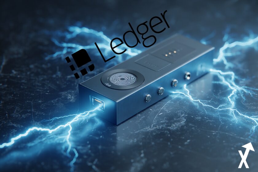 ledger hardware noir entouré de bleu et etincelles bleues neon