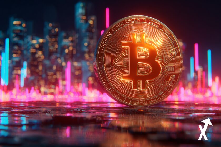 bitcoin coin btc gold with a futuristic city in background