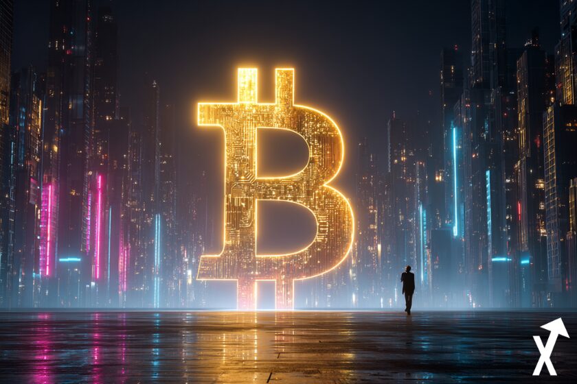 Donald Trump tenant un énorme Bitcoin en or, debout dans un Wall Street futuriste, avec des néons reflétant sur les gratte-ciels, éclairage dramatique, perspective cinématographique, hyper-réaliste, 8K, ultra-détaillé, art numérique