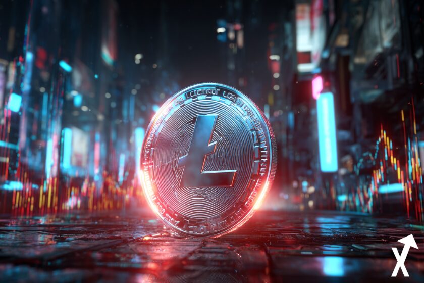 Une pièce de Litecoin lumineuse flottant dans une ville numérique futuriste, entourée de néons et de graphiques holographiques, avec des tons argentés et bleus vibrants, éclairage dramatique, perspective cinématographique, hyper-réaliste, ultra-détaillée, 8K, art numérique.