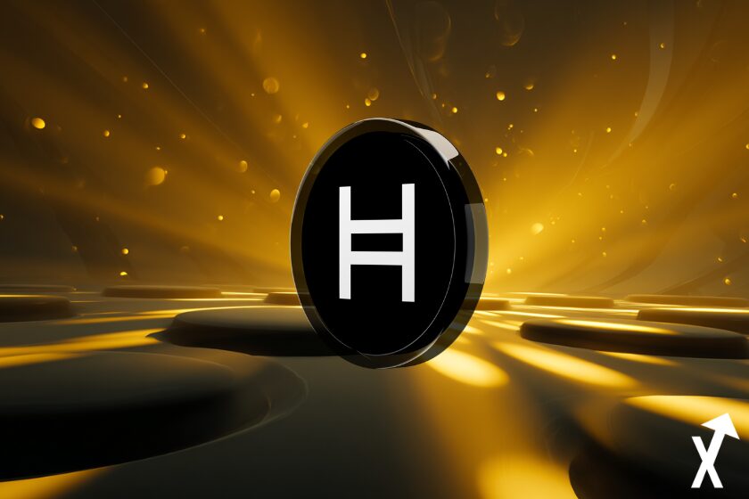 Une scène futuriste lumineuse jaune et noire, avec une lumière douce et rayonnante, design minimaliste et épuré, objets lumineux flottants, atmosphère éthérée, ombres à fort contraste, perspective cinématographique, ultra-détaillée, 8K, art numérique, pièce Hedera HBAR en noir et blanc