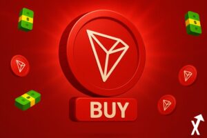 TRON TRX jeton rouge et blancs sur fond rouge, liasses de billets vertes 'écriture "BUY" rouge et non blanc.