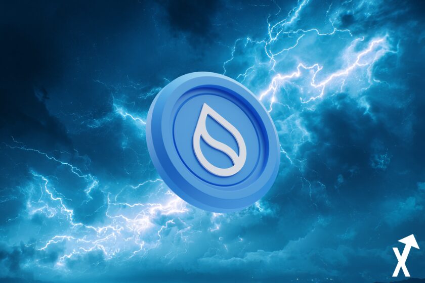 SUI coin crypto bleu et blanc sur fond electrique bleu eclairs blancs