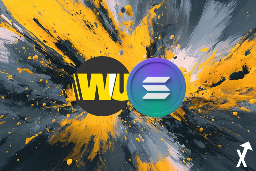 logo western union jaune et noir et logo solana bleu et rose sur fond jaune et noir