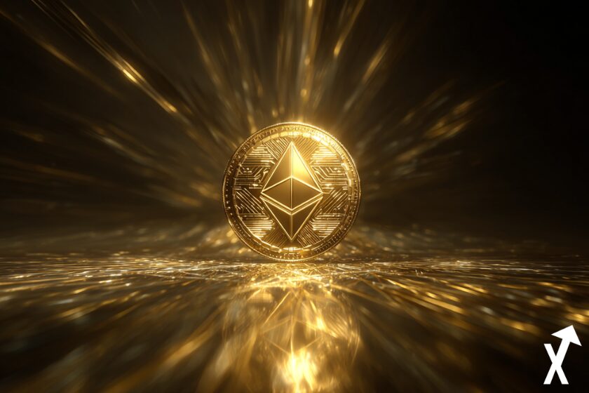 coin Ethereum brillant dans une aura futuriste dorée, art digital, éclairage dynamique, arrière-plan abstrait blockchain, ambiance luxe, composition cinématographique, ultra-détaillé, contraste élevé, 8k