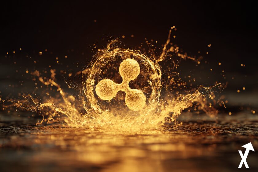 Pièce XRP explosant d’un or en fusion, avec des ondes d’énergie numérique, des particules de blockchain, un éclairage dynamique, une atmosphère lumineuse, une composition cinématique, ultra réaliste, tendance sur ArtStation.