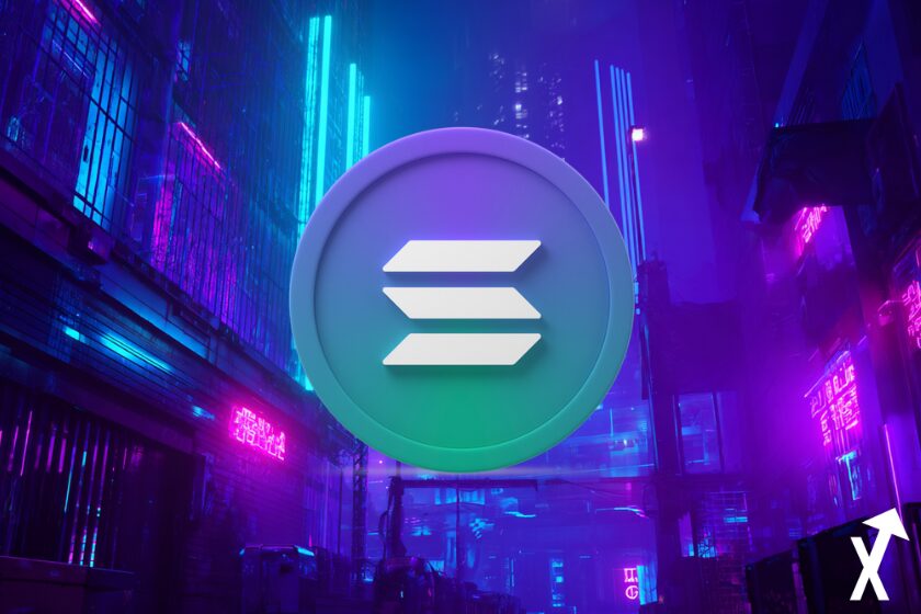 Solana, illustration numérique futuriste, palette de couleurs lumineuses violet et turquoise, effets lumineux, haut contraste, esthétique cyberpunk, lumières néon, composition dynamique, ultra détaillée, 8k, éclairage cinématique