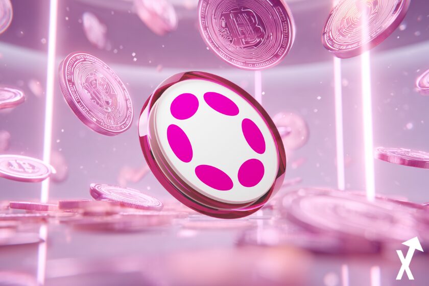 polkadot dot coin rose et blanc sur fond blanc et rose lumineux pluie de coins cryptos