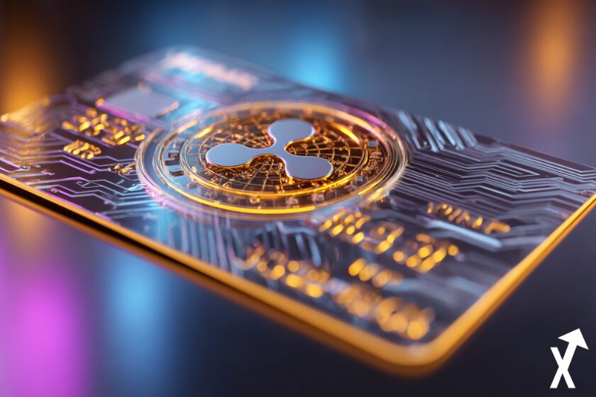 credit card xrp coin dessus, sur fond violet et noir lumineux