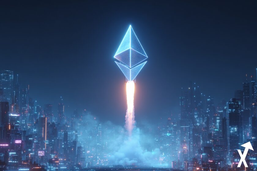 ETHEREUM fusée decollage de la crypto atmosphere sur fond bleu et blanc futuriste