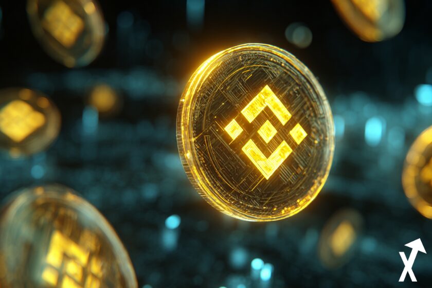 bnb chain binance coin jaune et noir neon coloré sur fond bleu et jaune
