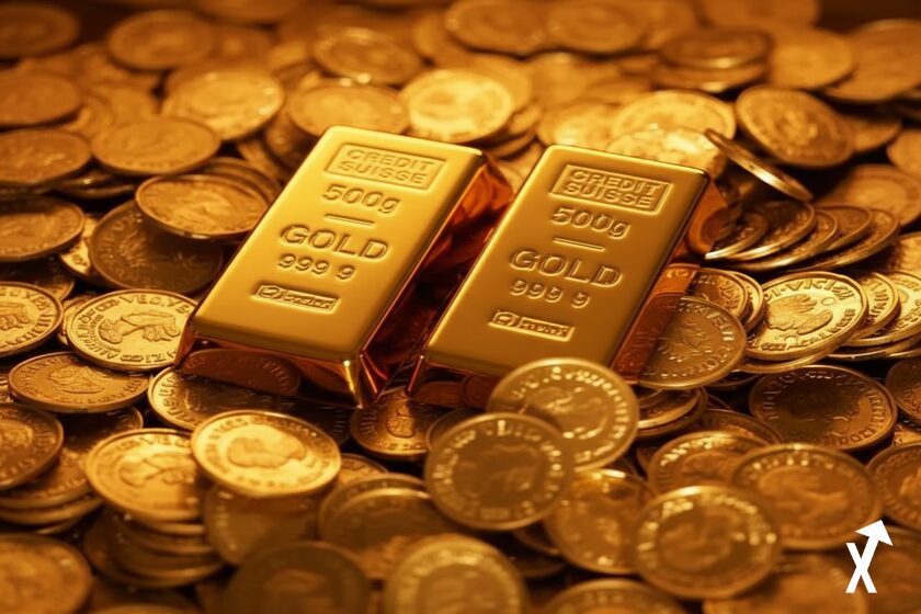 Deux ligots d'or sur des centaines de pieces d'or