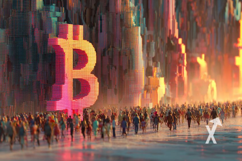 image d'un Bitcoin sur un mur avec une foule de personnes à son pied