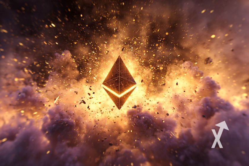 logo 3D de l'Ethereum dans une explosion au milieu de l'univers
