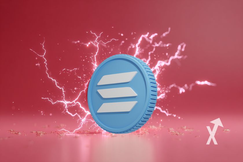 coin 3D du Solana SOL avec électricité autour et un fond rouge/rose.