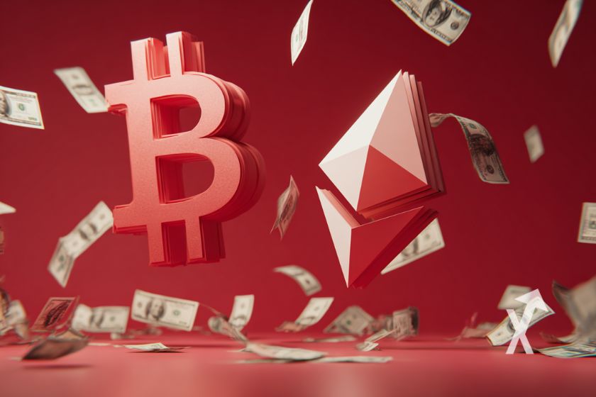 logos du Bitcoin et Ethereum avec un fond rouge des billets dollars qui volent