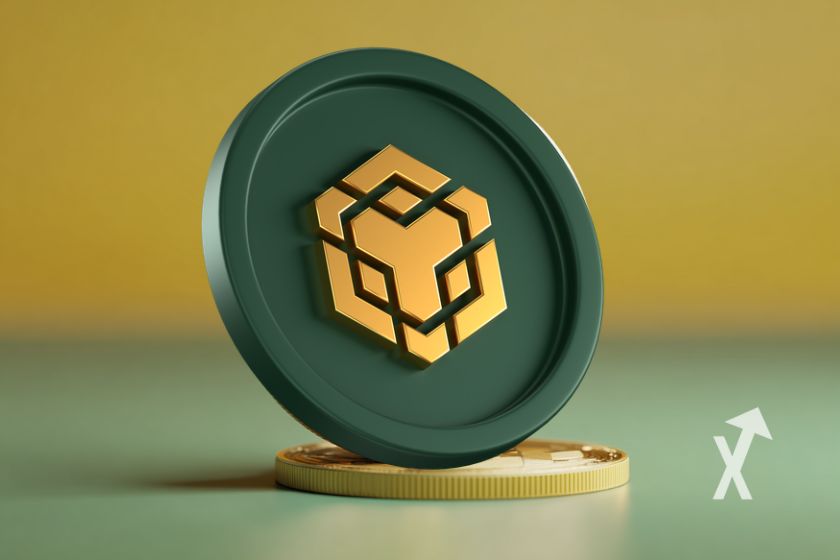 coin du BNB posé sur un jeton crypto avec un fond vert et jaune
