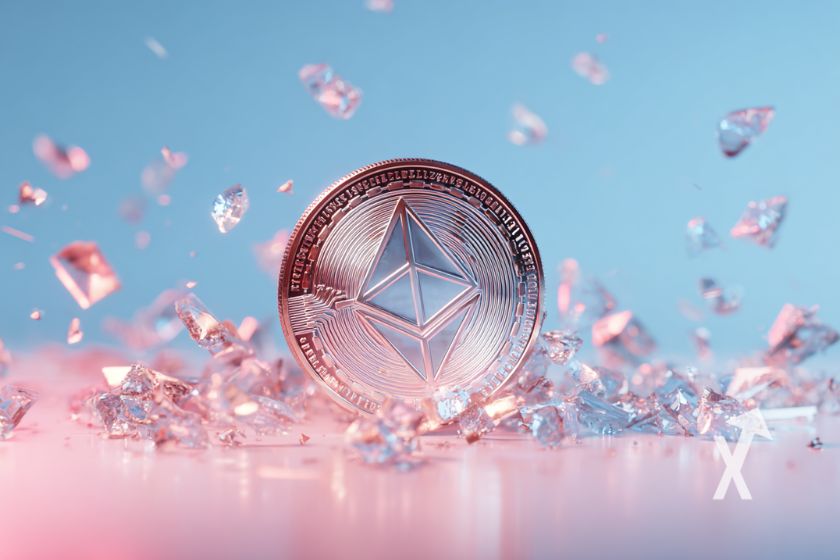 Bitcoin coin 3D dans un fond rose et bleu avec des éclats de verre autour