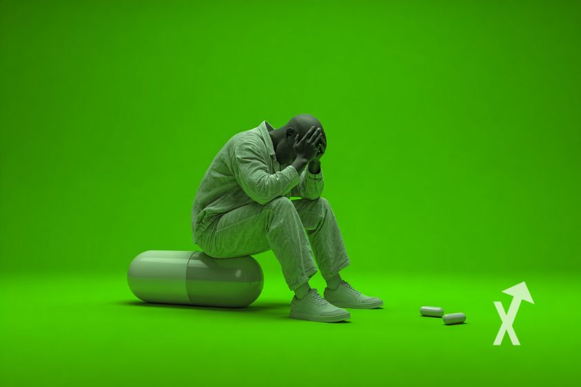 homme qui se tient la tête dans les mains assis sur le jeton PUMP dans un fond vert