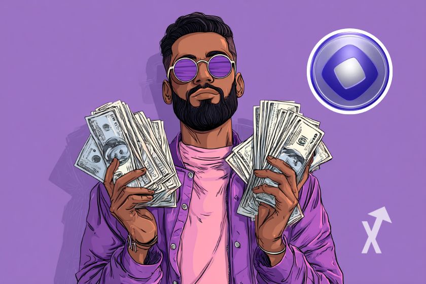 Homme avec desbillets dollars dans les mains sur fond violet aveec un logo MON