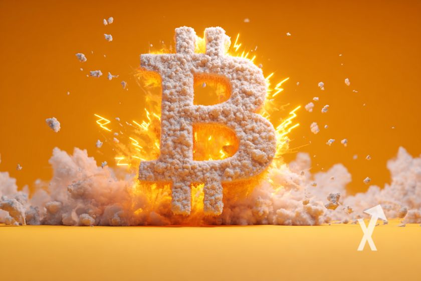 Bitcoin logo avec explosion et des éclairs autour sur un fond orange