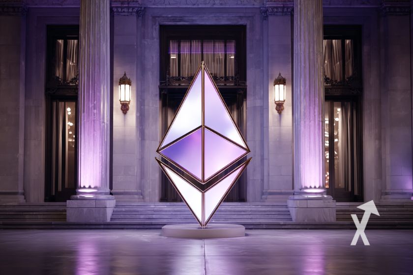 ethereum ETH logo devant une banque dans une ambiance violette