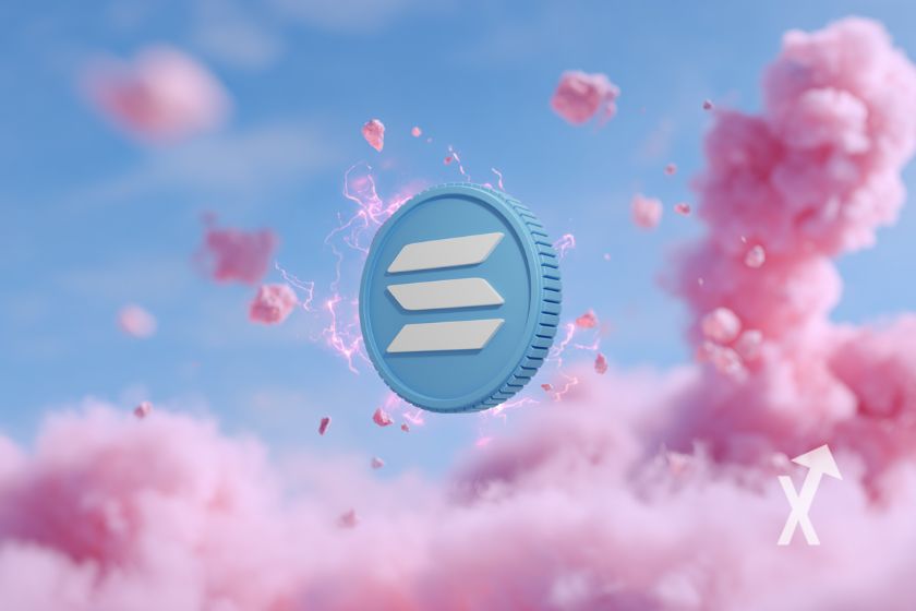 Solana SOL coin dans le ciel avec un nuage rose en fond