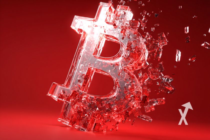 Bitcoin logo en verre qui se brise sur un fond rouge sang