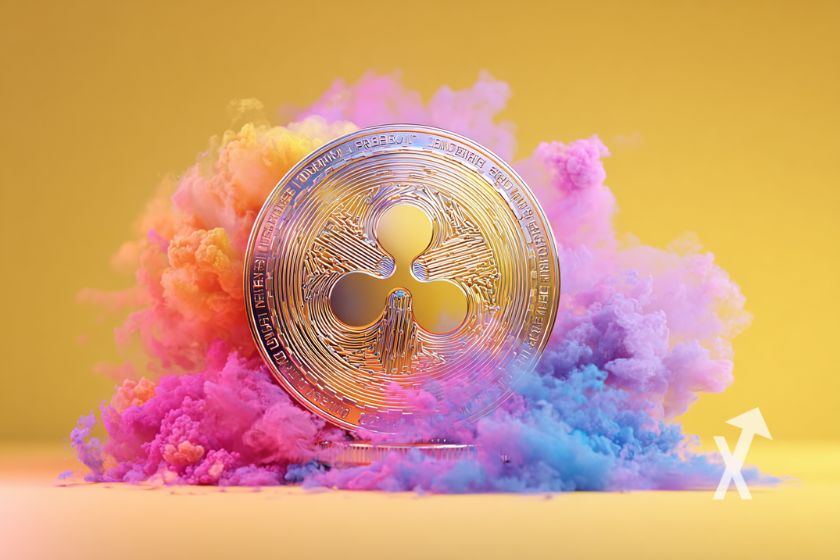 coin 3D du XRP avec des fumées de toutes les couleurs en fond avec un fond jaune
