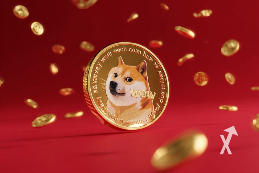 coin 3D du dogecoin avec pleins de coins dans le décor sur un fond rouge