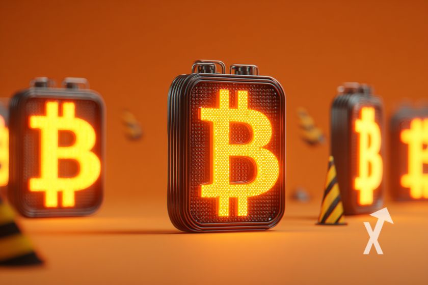 Bitcoin logo dans des machines asic sur un fond orange