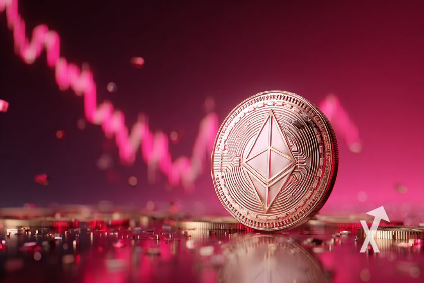 Ethereum coin 3D sur un fond rose avec une trendline chart qui descend en rose avec de l'or sur le sol