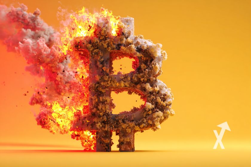 Bitcoin logo qui part en fumée rouge et prend feu sur un fond orange