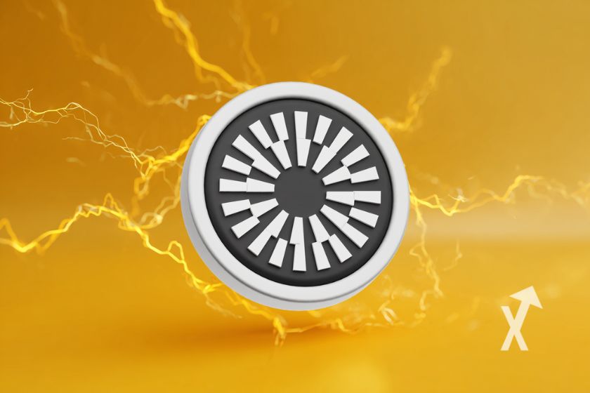 coin mantle MNT avec électricité autour et un fond jaune