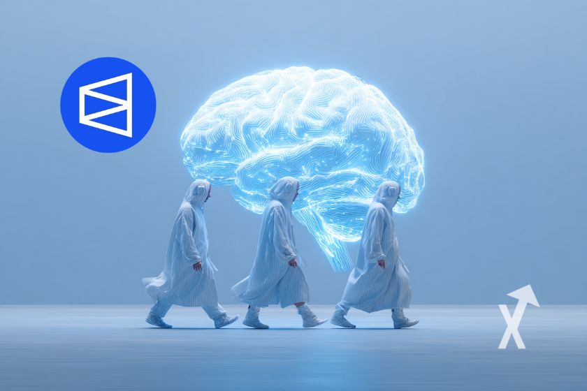 3 humains en blanc avec un cerveau digital derrière sur un fond bleu avec un logo Polymarket