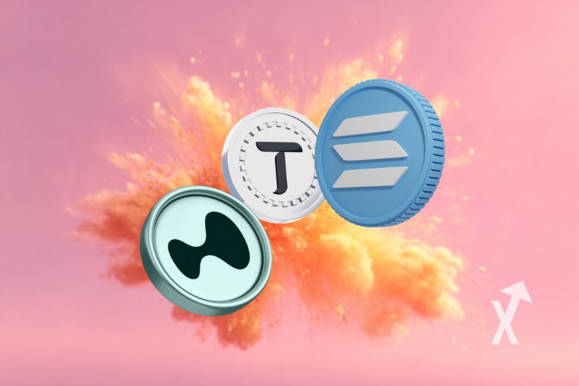 Jetons SOL, HYPE et TAO sur un fond rose avec une explosion derrière