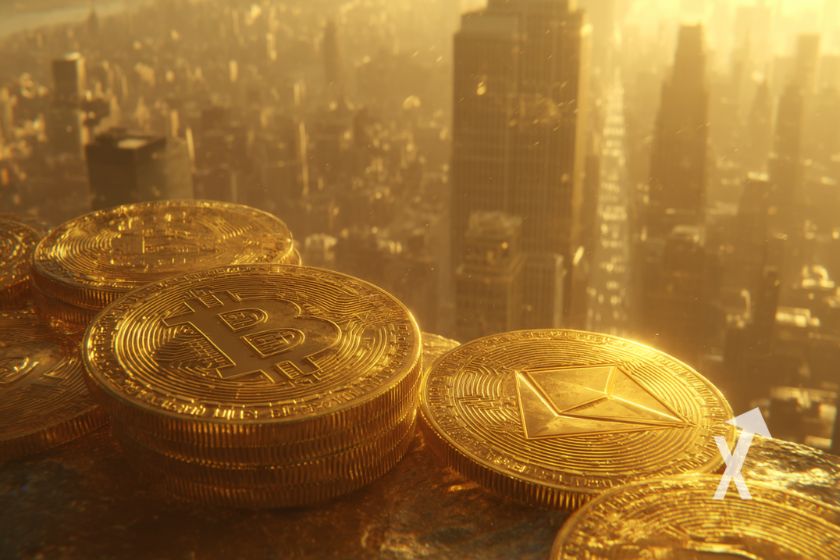 Cryptos tokens sur un toit de new york, image avec une ambiance rétro jaune