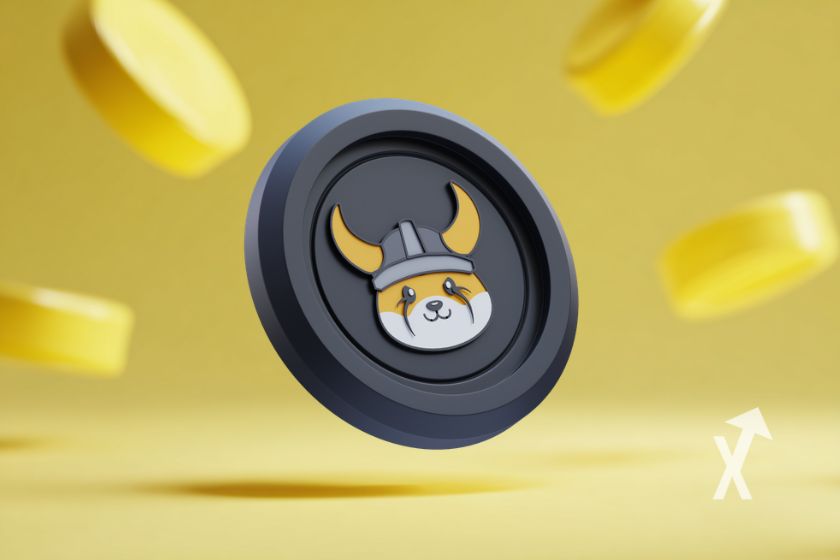 coin 3D du FLOKI avec des coins jaunes autour sur un fond jaune