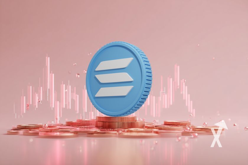 coin Solana SOL avec graphique trendline en rose sur un fond rose