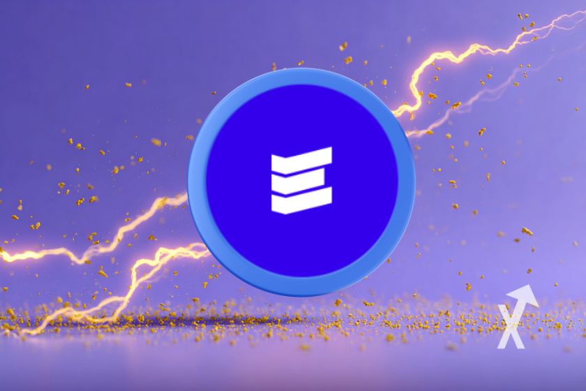 Coin EVAA bleu sur un fond violet bleu avec des éclairs derrière