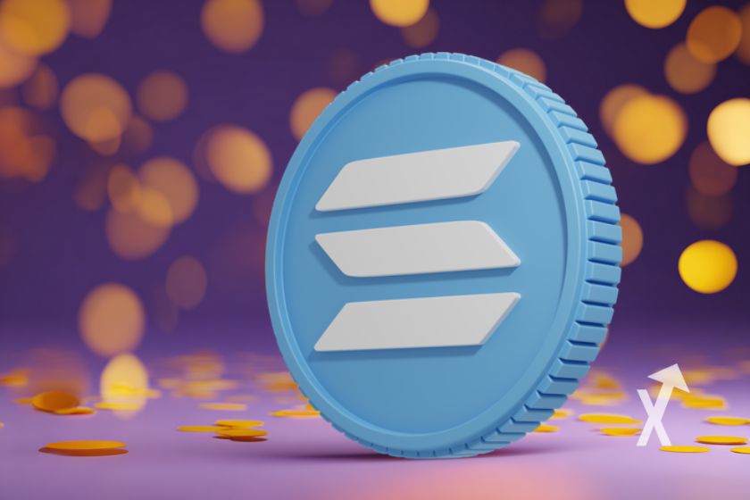 coin Solana en bleu sur un fond violet avec des points jaunes